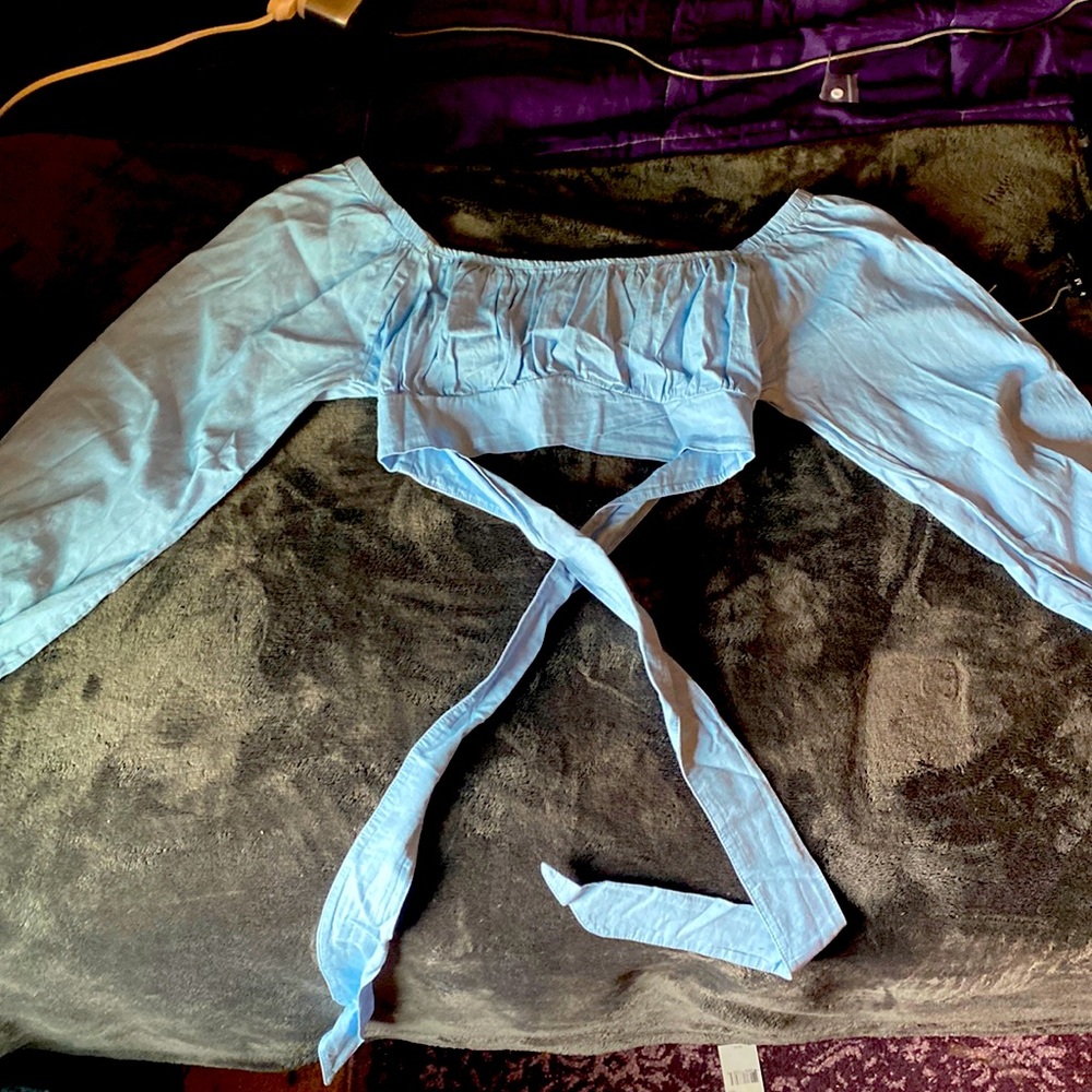 Denim off the shoulder mini crop top that ties in the back - never worn